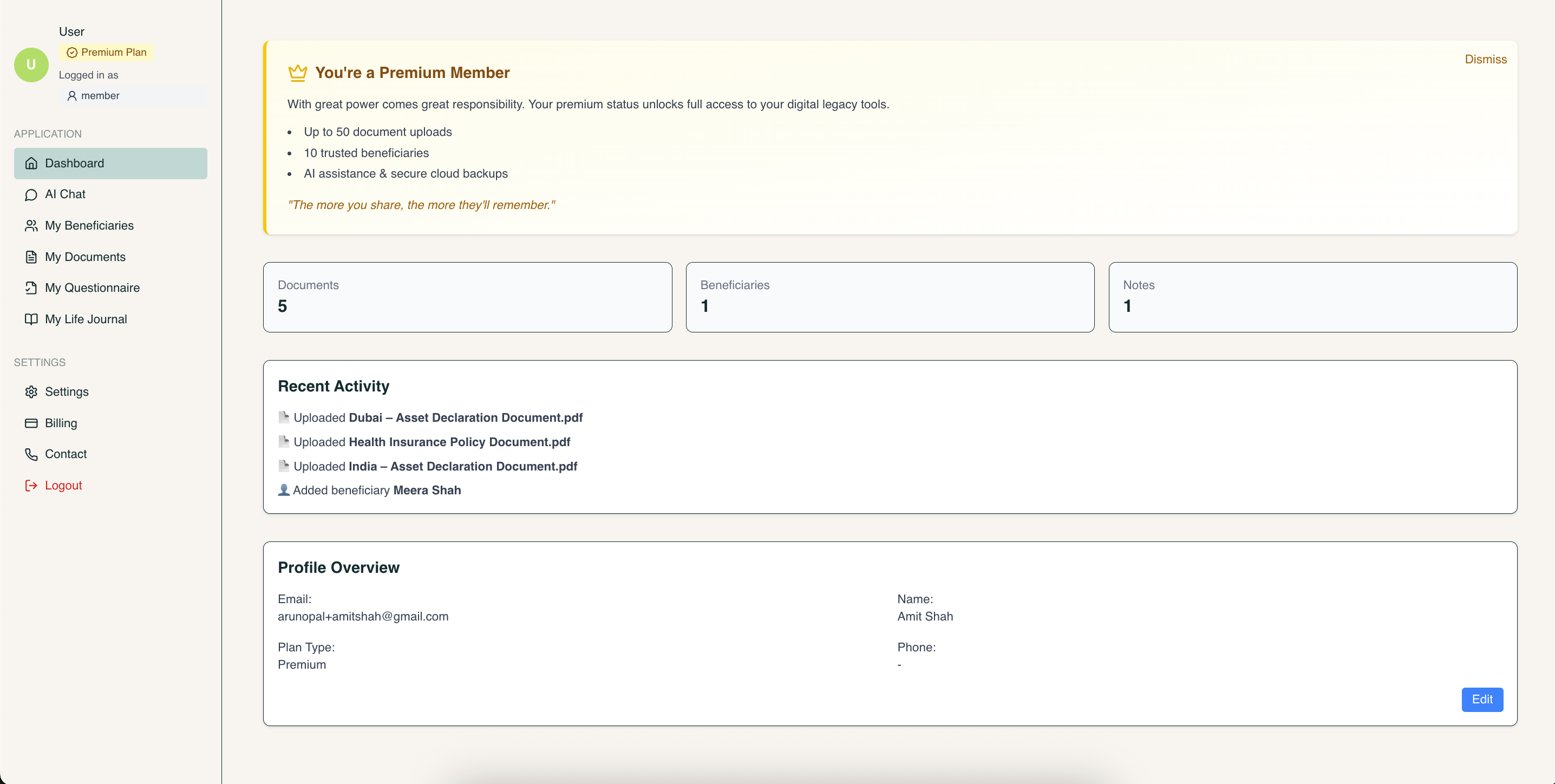 Vasiyat.ai Dashboard - Main interface showing legacy status and documents